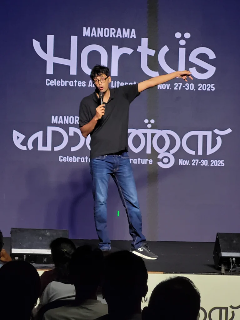 Shamik Chakrabarti performing stand-up comedy at Manorama Hortus Kochi