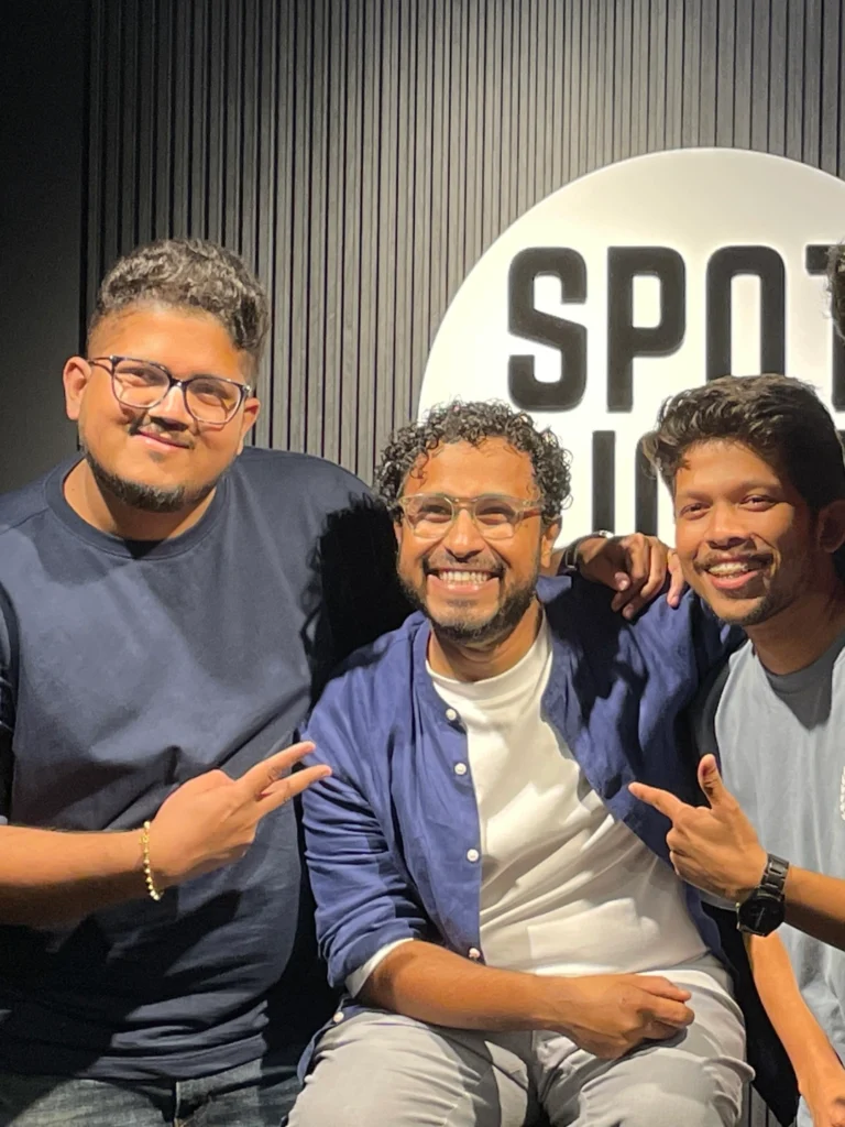 Abish Mathew posing with Comedy Lounge artists after a live comedy show at Spotlight Socials in Kochi.