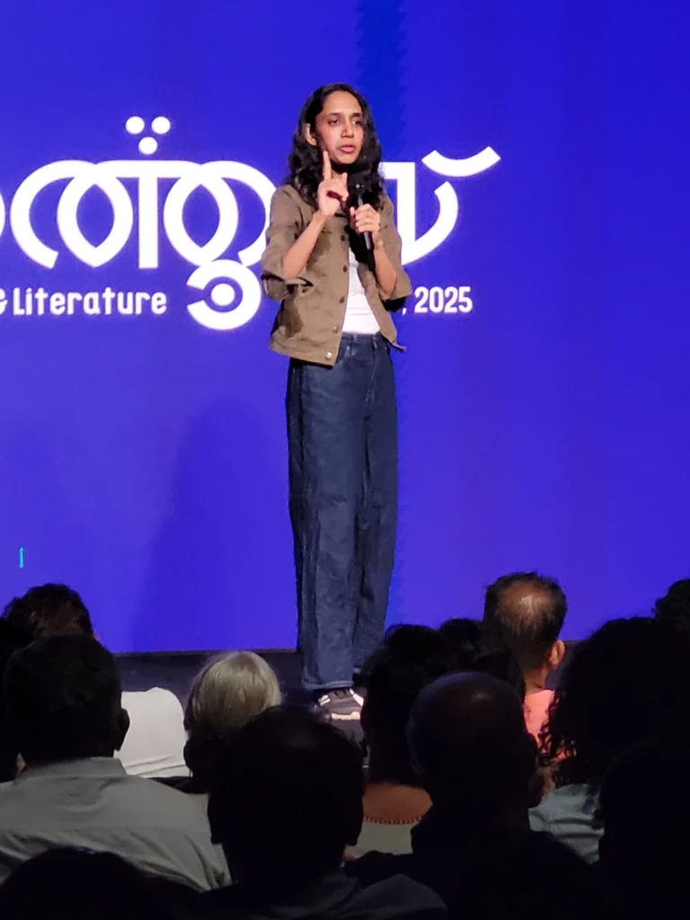Niveditha Prakasam performing at Manorama Hortus 2025, curated by Comedy Lounge.